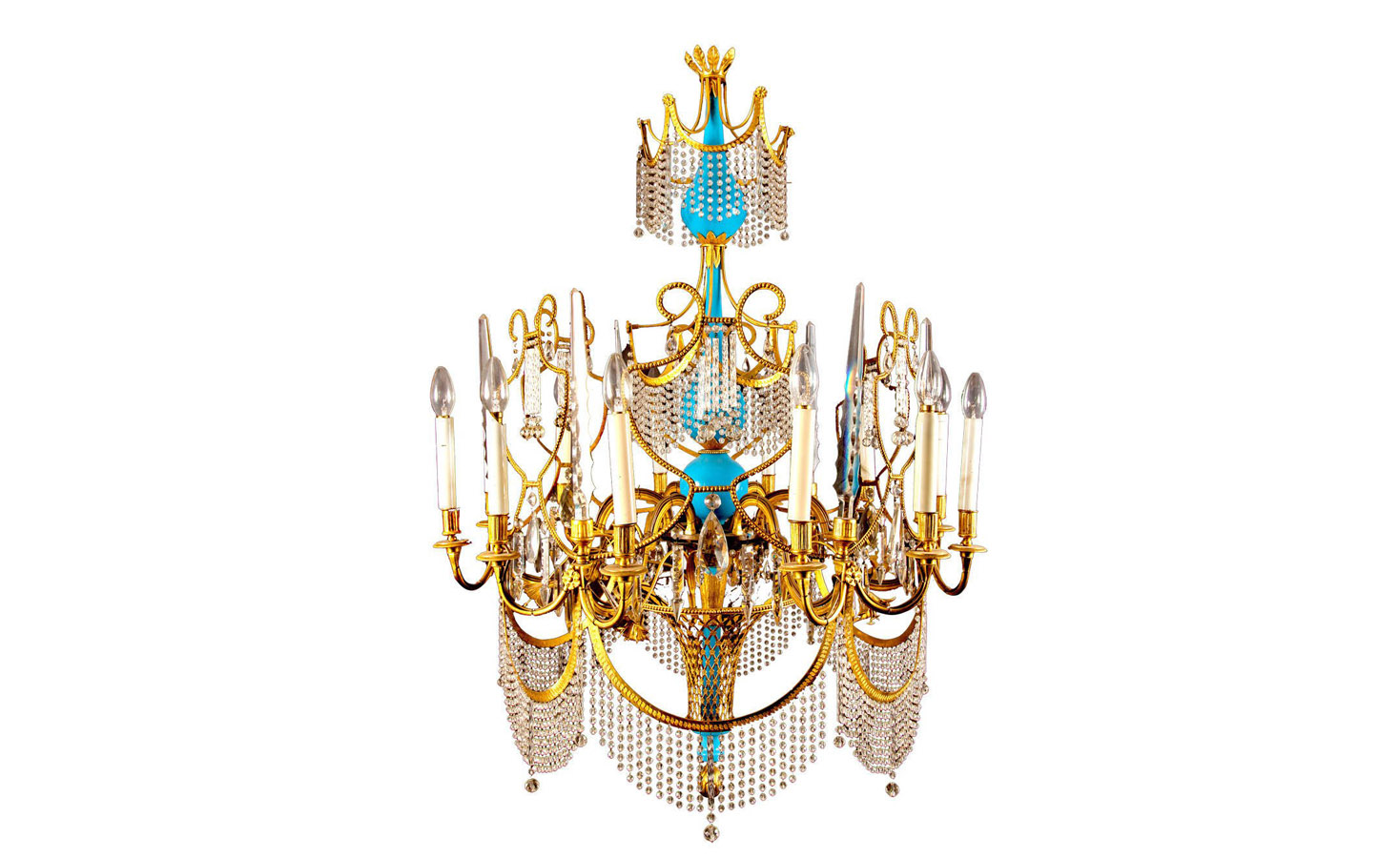 .Russian Gilt Bronze, Cut Glass and Blue Porcelain Chandelier